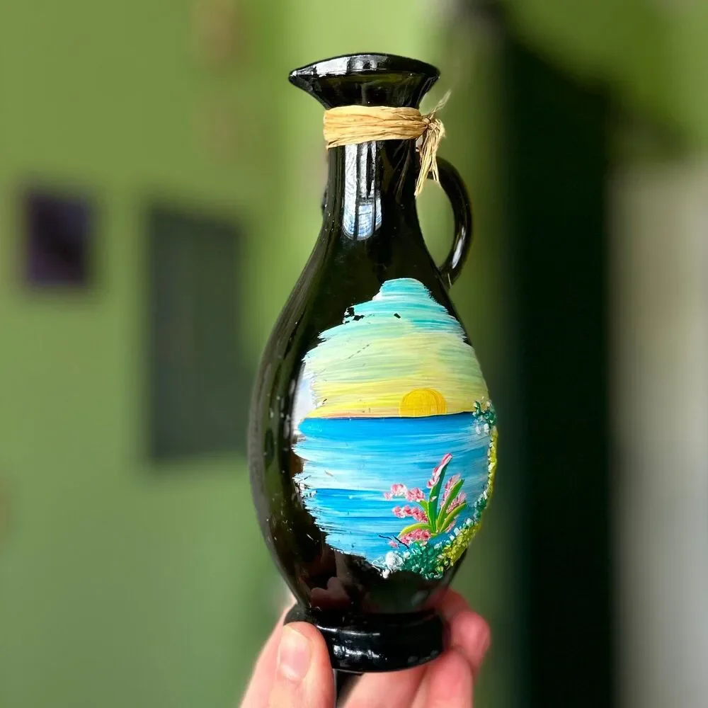 VTG Hand Painted Island Nautical Painted + Textured Glass Bottle Vase W/ Handle